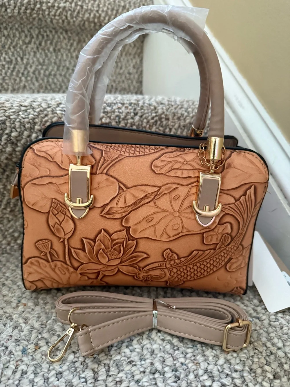 Embossed Floral & Koi Satchel Bag - Taupe and Tan